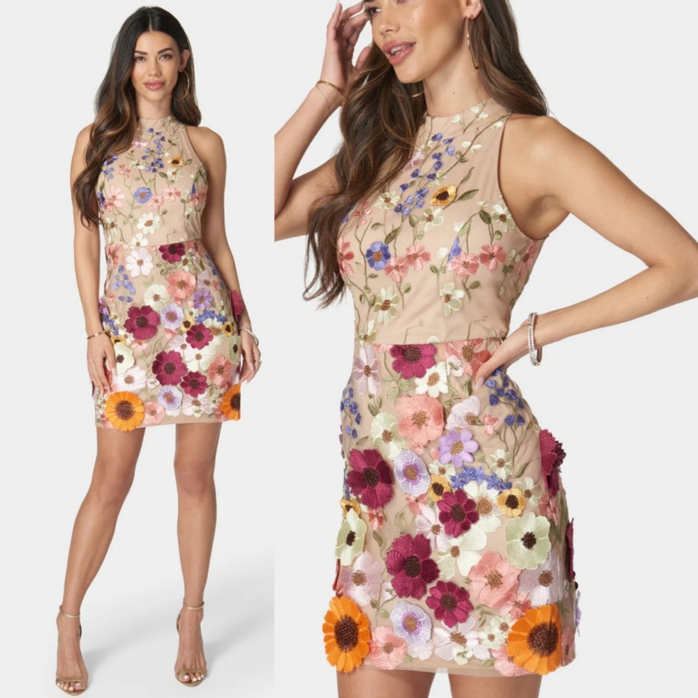 NWT Bebe Nude 3D Floral Embroidery Applique Mock Neck Sleeveless Mini Dress Smal